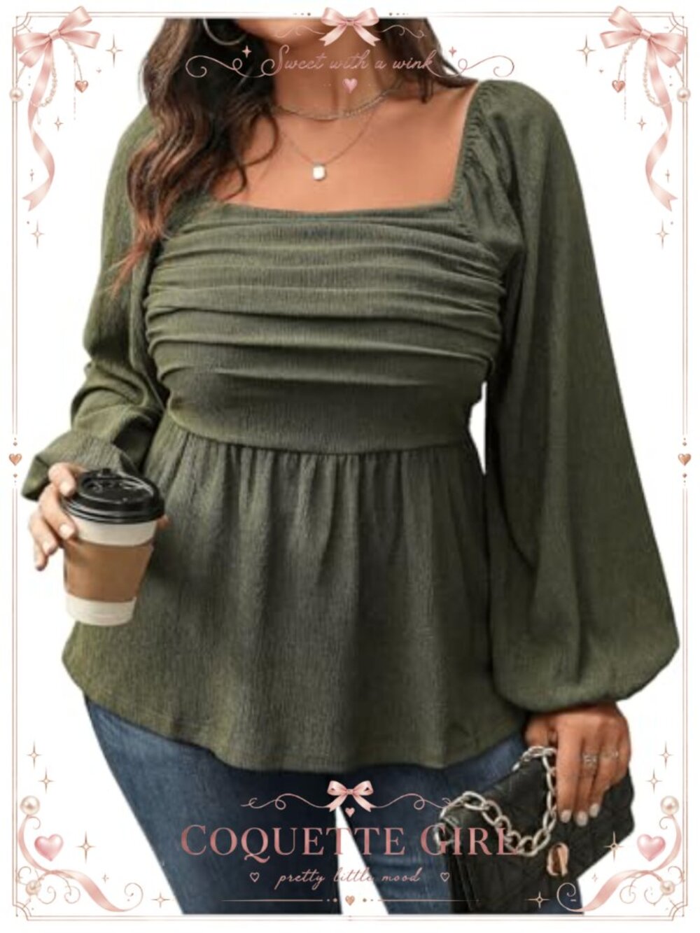 Square Neck Lantern Sleeve Ruffle Hem Peplum Blouse Top